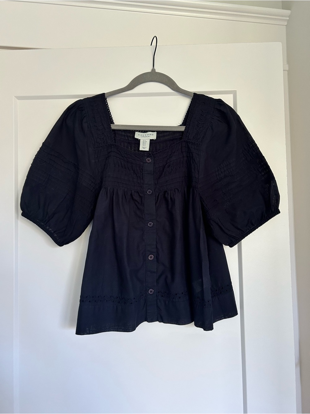 Calypso St. Barth Black Puff-Sleeve Button Front Blouse